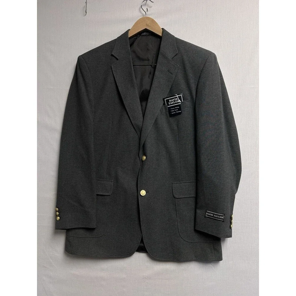 David Taylor Blazer Charcoal Grey Gold Button Single Vented Mens 42L NWT